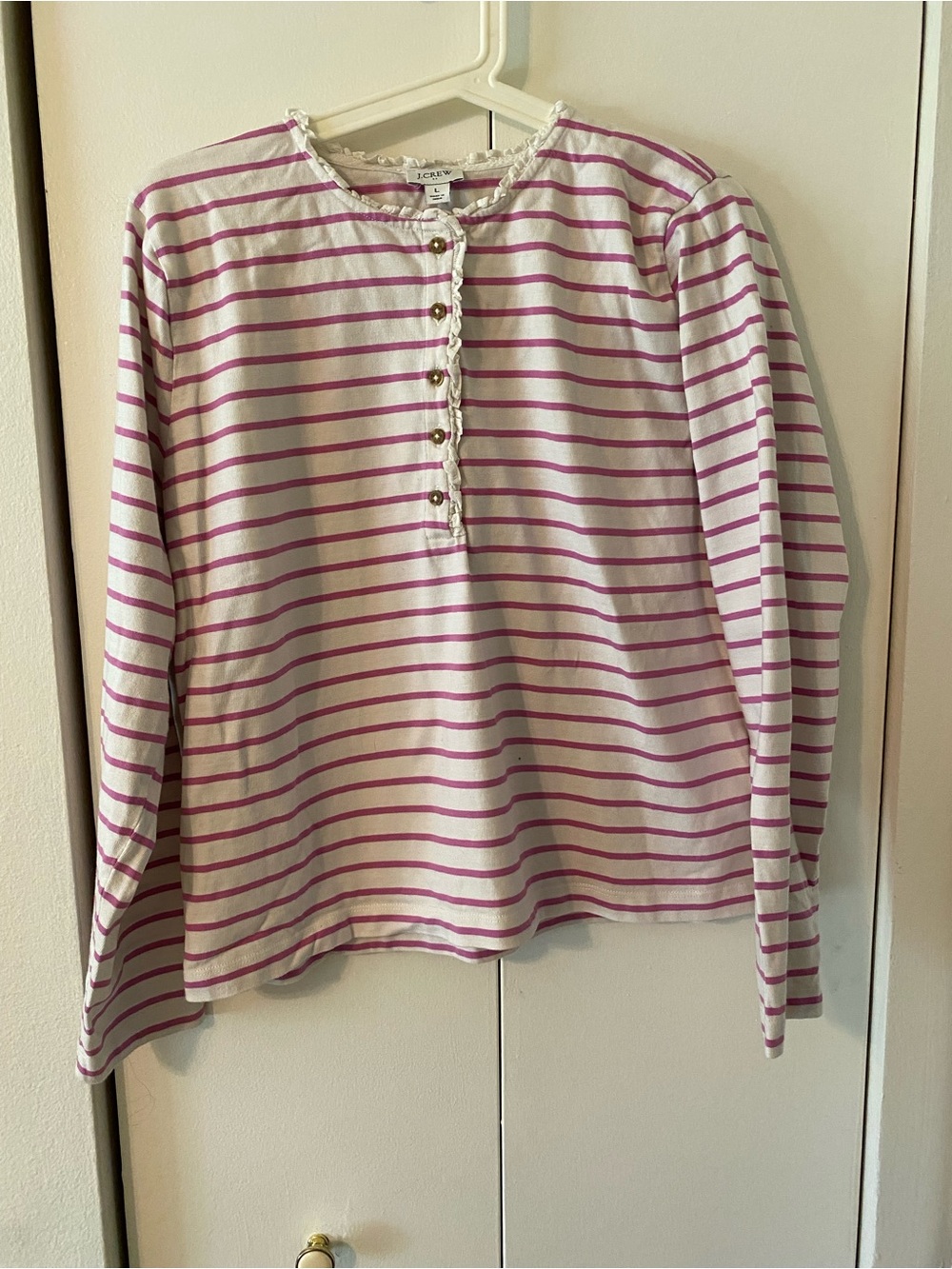 J. Crew White and Pink Striped Ruffle Henley